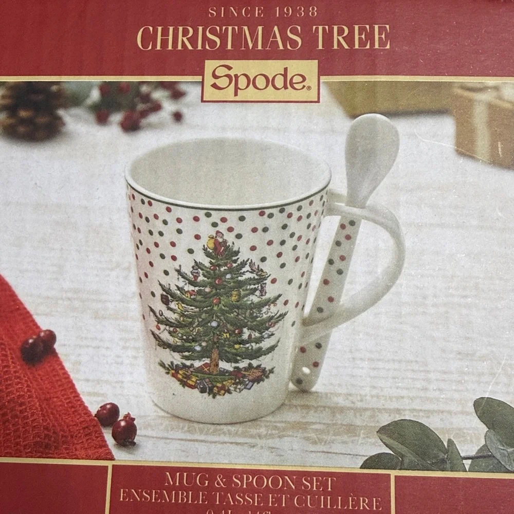 Spode NEW‎ Festive Polka Dot Christmas Mug with Spoon Tea coffee gift tree 14 OZ